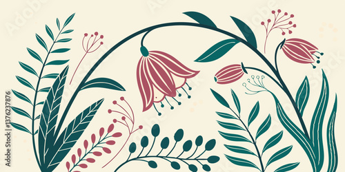 Botanical doodle background art vector set. Flower and leaves abstract shape doodle art design for print, wallpaper, clipart, wall art for home