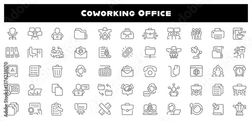 Coworking office vector icons. Coworking linear icons.  Device, desktop, table, programming, workspace, office, Coworking related icons. Editable stroke