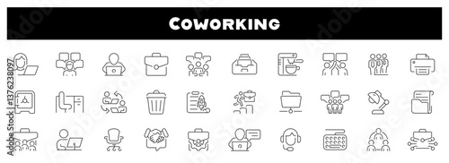 Coworking icons collection. Coworking line icon set.  Workspace, office, coworking related icons. Editable stroke