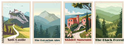 Spiš Castle, Slovakia, Städel Museum, The Bavarian Alps, The Black Forest - Vintage Travel Poster. Vector illustration. High quality prints, design