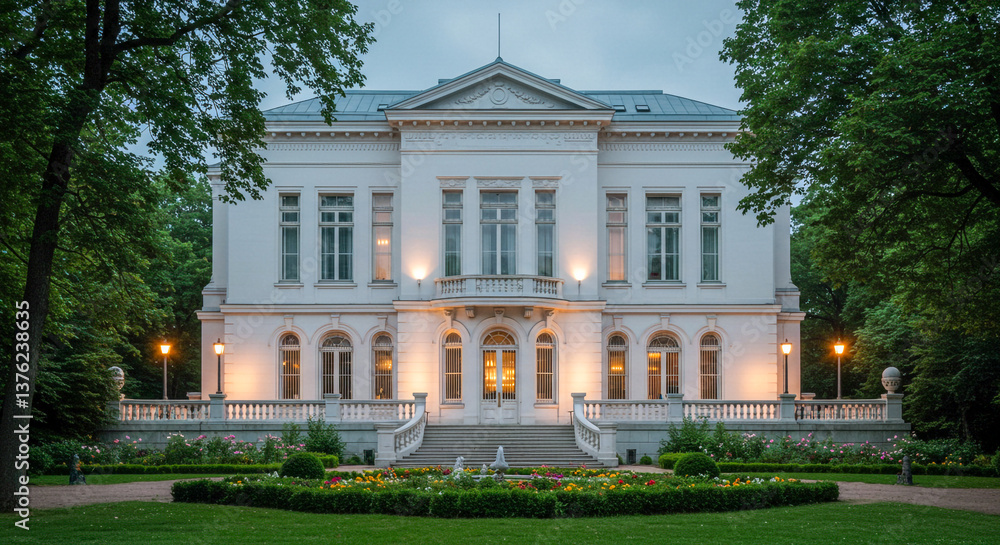 Obraz premium Description: Elegant white mansion at dusk, surrounded by trees.