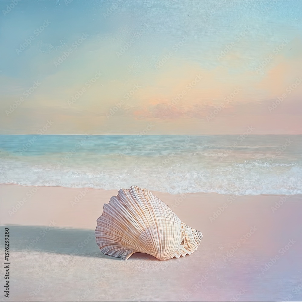 An artistic painting of a seashell resting on a sandy shore An artistic painting of a seashell resting on a sandy shore