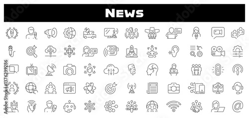 News vector icons. Mass media thin line icons. Mass Media, Journalism, News related thin line icon collection. Editable stroke