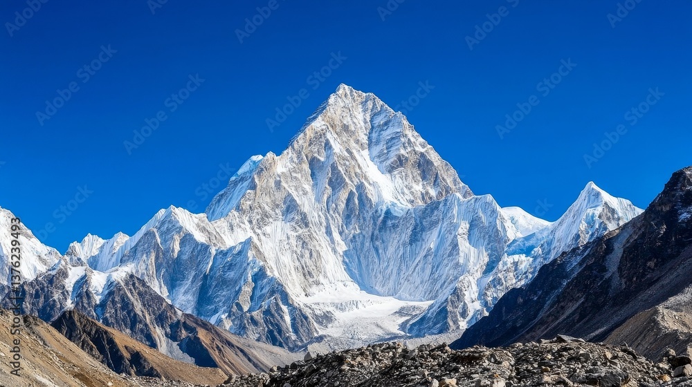 Obraz premium Majestic Himalayan Peak - Breathtaking view of a snow-capped mountain peak in the Himalayas, under a clear blue sky. Rugged terrain and glacial features are visible