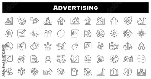 Advertising icons. Advertising vector icon set. Set of 55 outline icons related to advertising. Digital marketing, management, SEO, target, ad, analytics, advertising related thin line icons