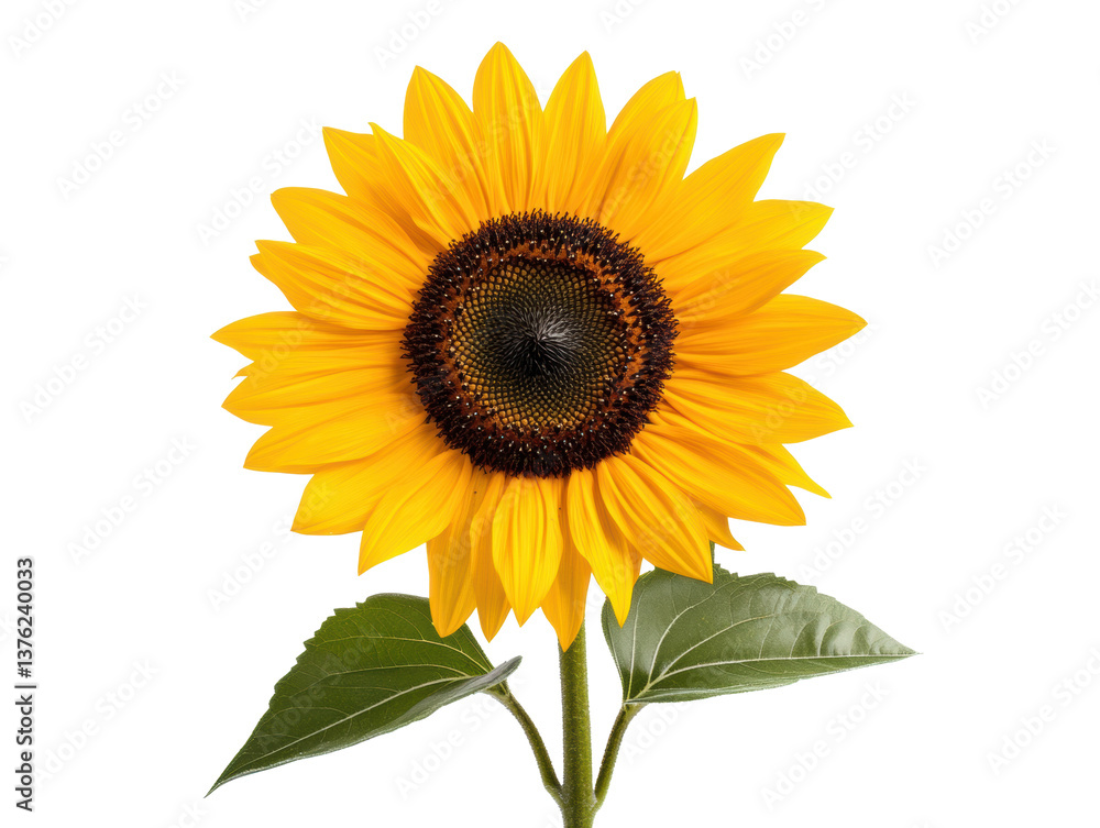 Fototapeta premium Bright sunflower bloom with green leaves close-up