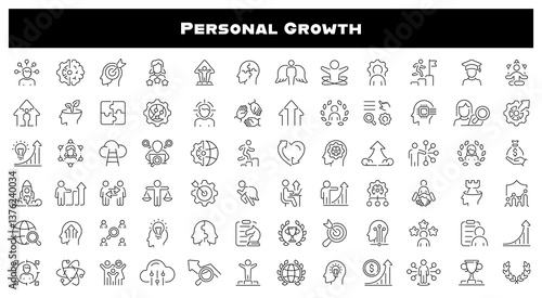 Personal growth vector icons. Career, progress, coaching, business people, training, professional, development, knowledge, personal growth related thin line icon collection. Editable stroke