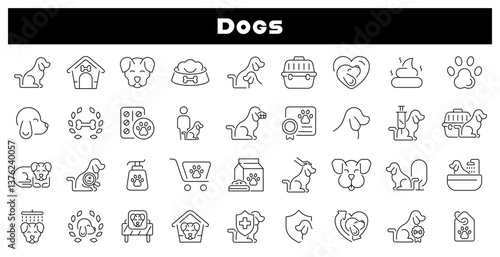 Dog vector icons. Dogs vector line icon set. Dog care icons. Dogs related thin line icon collection. Editable stroke