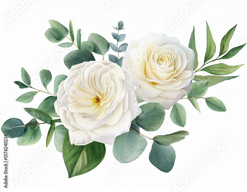  White flowers and green eucalyptus leaves watercolor illustration isolated on white backgrou