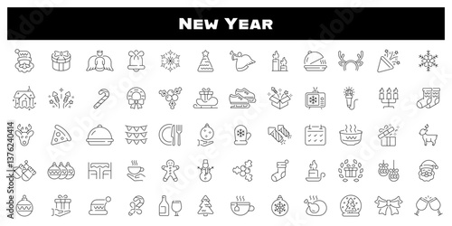 Happy New year vector icons. New year icon set. Fireworks, celebration, party, new year related thin line icon collection. Editable stroke
