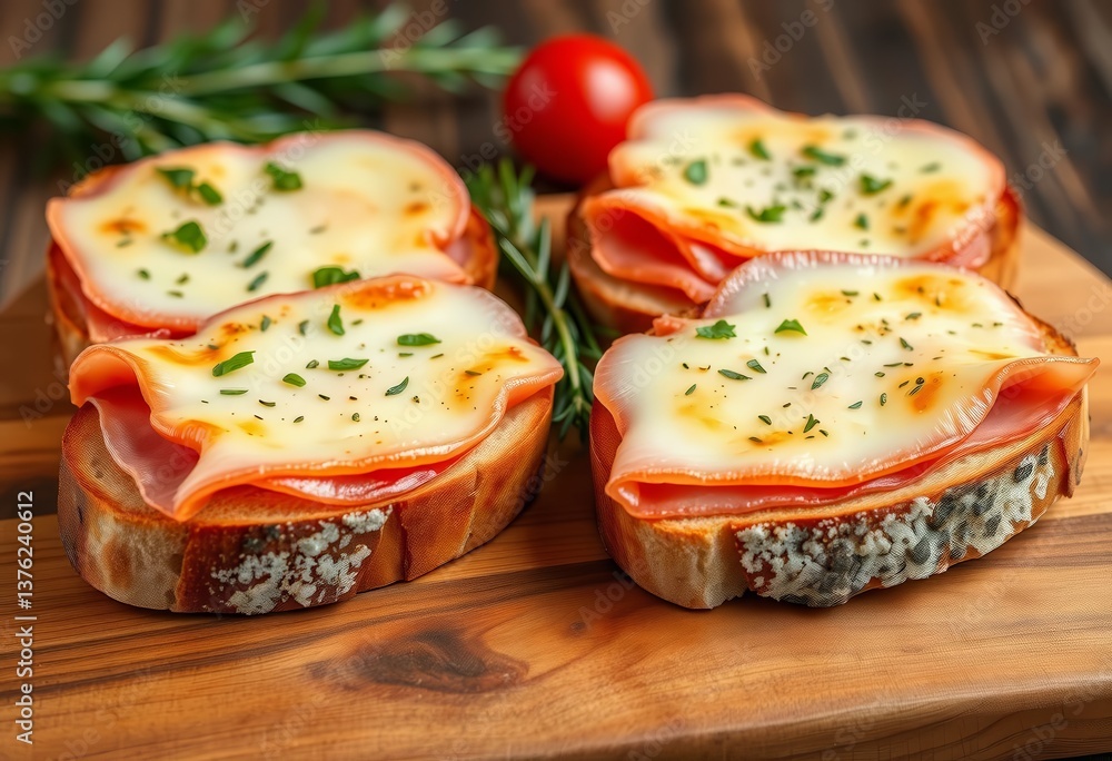 Four open-faced ham and cheese sandwiches with herbs on rustic brown bread, arranged on a wooden board, cheese, empty space Four open-faced ham and cheese sandwiches with herbs on rustic brown bread, arranged on a wooden board, cheese, empty space