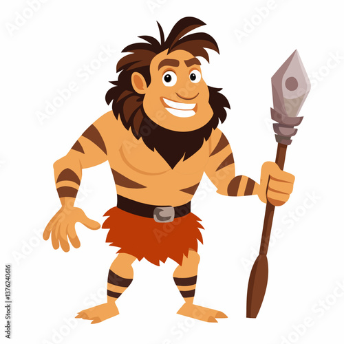 Primitive cave man with spear. Prehistoric neanderthal  character. Colorful vector illustration on white background