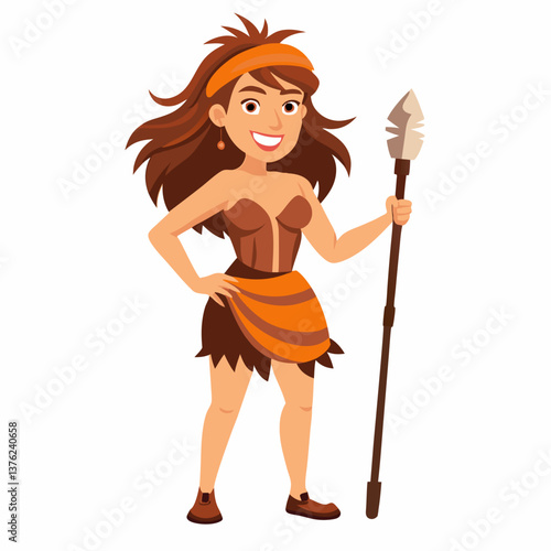Cartoon primitive cave woman with spear. Prehistoric neanderthal woman character. Colorful vector illustration on white background