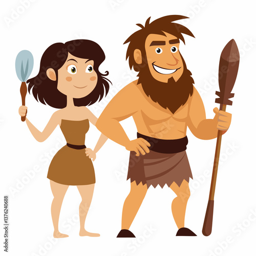Primitive cave woman and man with spear. Prehistoric neanderthal  characters. Colorful vector illustration on white background