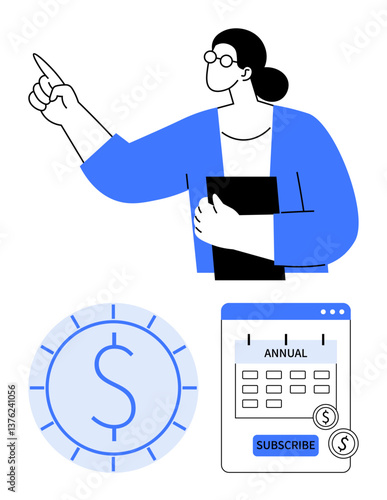 Woman holding folder pointing ahead, annual subscription calendar, and payment coin. Ideal for finance, SaaS, e-commerce, planning, subscription services, marketing strategy and recurring billing
