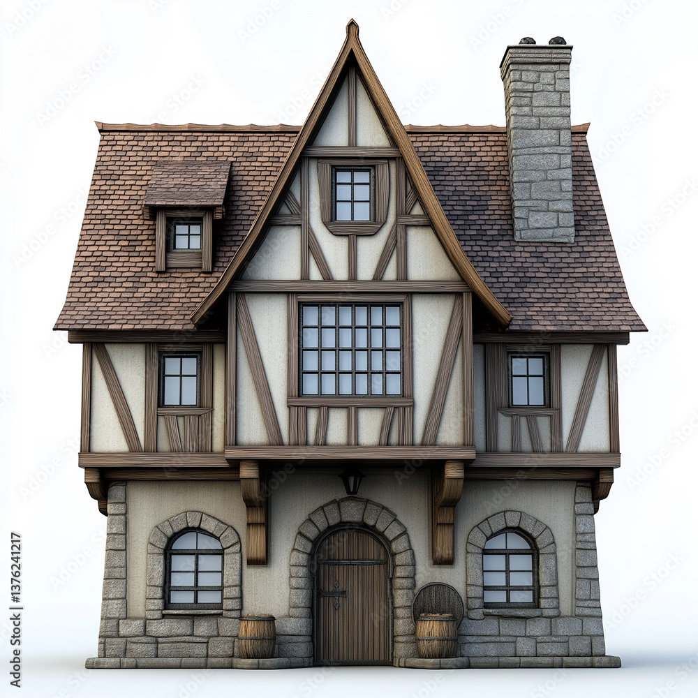Fototapeta premium Medieval tudor style house with wooden barrels displaying traditional architecture