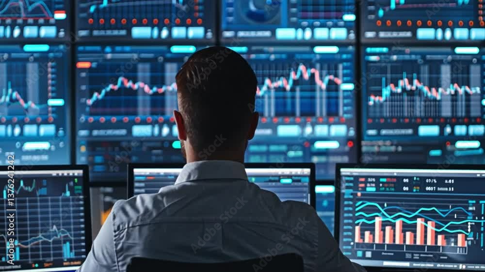 Data analytics specialist analyzing trends and performance metrics on multiple screens in an office environment Data analytics specialist analyzing trends and performance metrics on multiple screens in an office environment