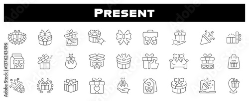 Present gifted festive celebration vector icon set. Surprise and holiday gift icons