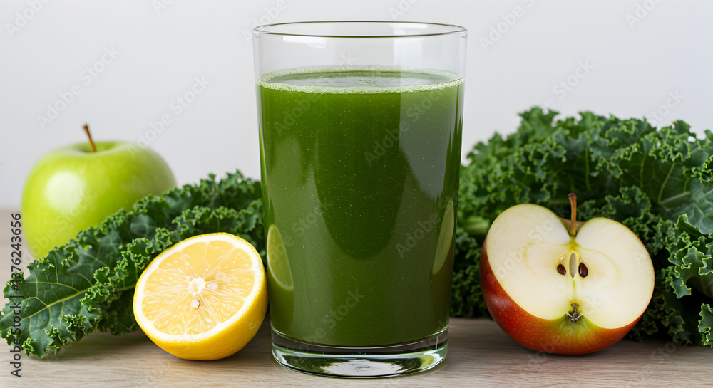 Invigorating green juice blend with fresh kale, apple, and lemon vibrancy Invigorating green juice blend with fresh kale, apple, and lemon vibrancy