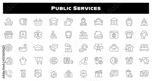 Public services vector outline icon set. City infrastructure and service icons