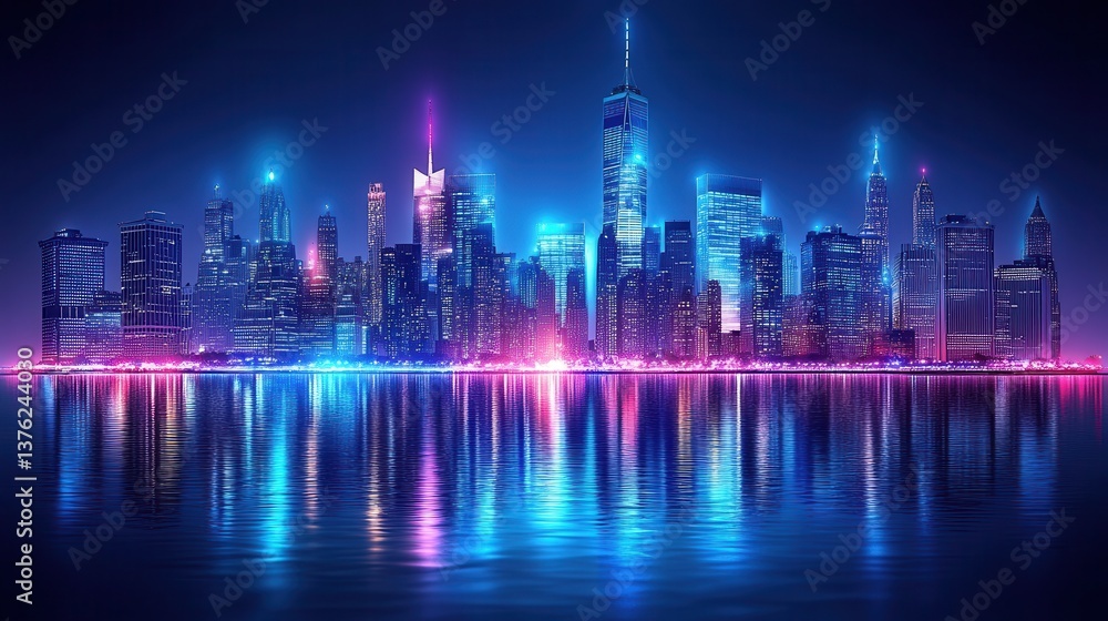 Fototapeta premium A vibrant city skyline illuminated with colorful lights reflecting on water at night, creating a mesmerizing urban scene.