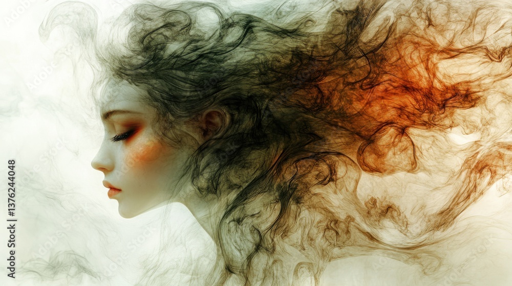 Fototapeta premium A stylized portrait of a woman with flowing hair, blending into wispy smoke-like patterns, evoking a sense of beauty and ethereal movement.