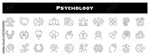 Psychology and mental growth vector outline icon set. Brain and mind development icons