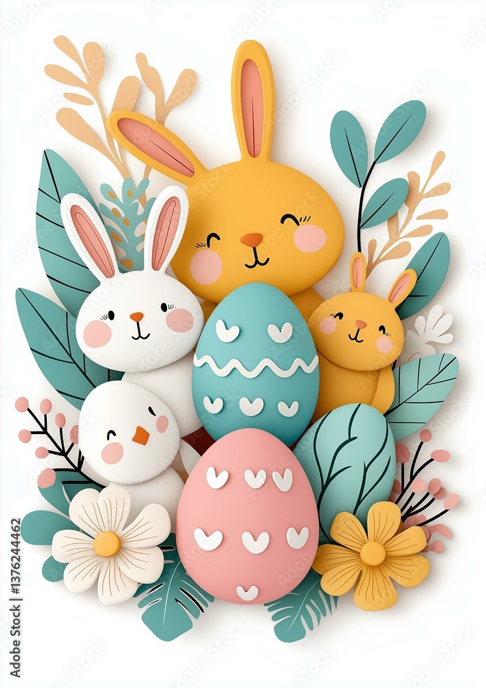 Obraz premium Cheerful illustration of Easter bunnies and decorated eggs surrounded by vibrant flowers and leaves.