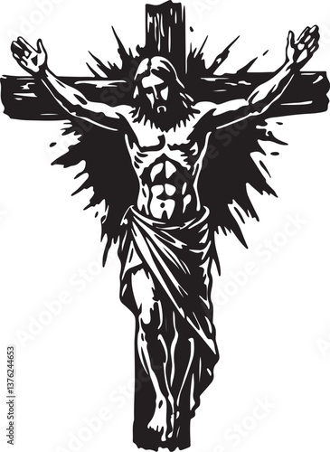  Black and White Silhouette of a abstract Watercolor Vector of a Jesus Christ on the Cross on white on White Background 