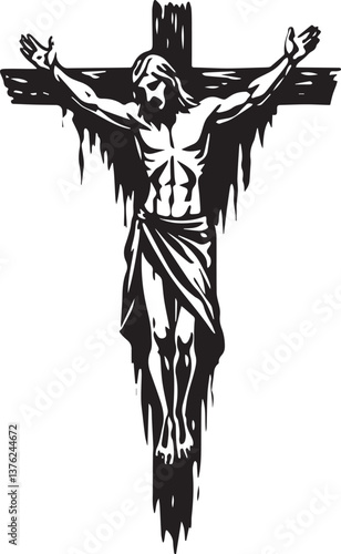  Black and White Silhouette of a abstract Watercolor Vector of a Jesus Christ on the Cross on white on White Background 