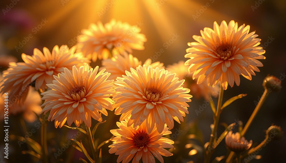 Obraz premium A cluster of pink chrysanthemums illuminated by soft, golden sunlight, capturing nature's beauty during a serene sunset moment. Perfect for themes of tranquility, warmth, and floral scenery.