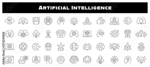 Artificial intelligence technology vector outline icons. Machine learning symbols