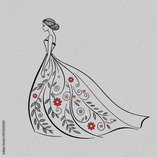 Elegant vector illustration of a bride's wedding dress with floral design, perfect for a bridal invitation or celebration