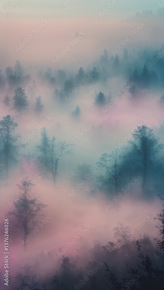 Obraz premium In the early morning, a serene landscape reveals a forest blanketed in mist. Trees peek through the fog, painted in delicate shades of pink and blue, creating a tranquil atmosphere
