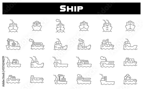 Ship vector icons. Ship icon set. Cruise ship, boat, cruise liner, ship related icons. Editable stroke, thin line icons set