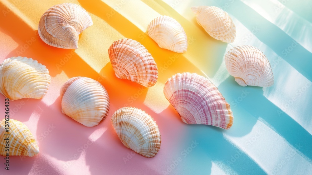 Colorful seashells arranged on soft pastel fabrics, creating a serene coastal aesthetic with gentle curves and vibrant hues. Colorful seashells arranged on soft pastel fabrics, creating a serene coastal aesthetic with gentle curves and vibrant hues.