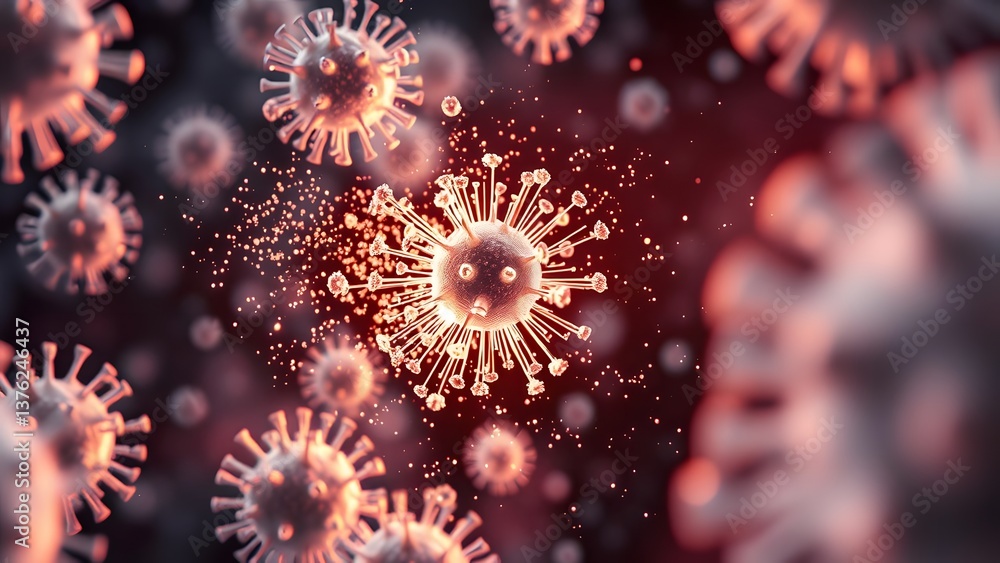 Microscopic viruses floating in dark space with glowing red highlights Microscopic viruses floating in dark space with glowing red highlights