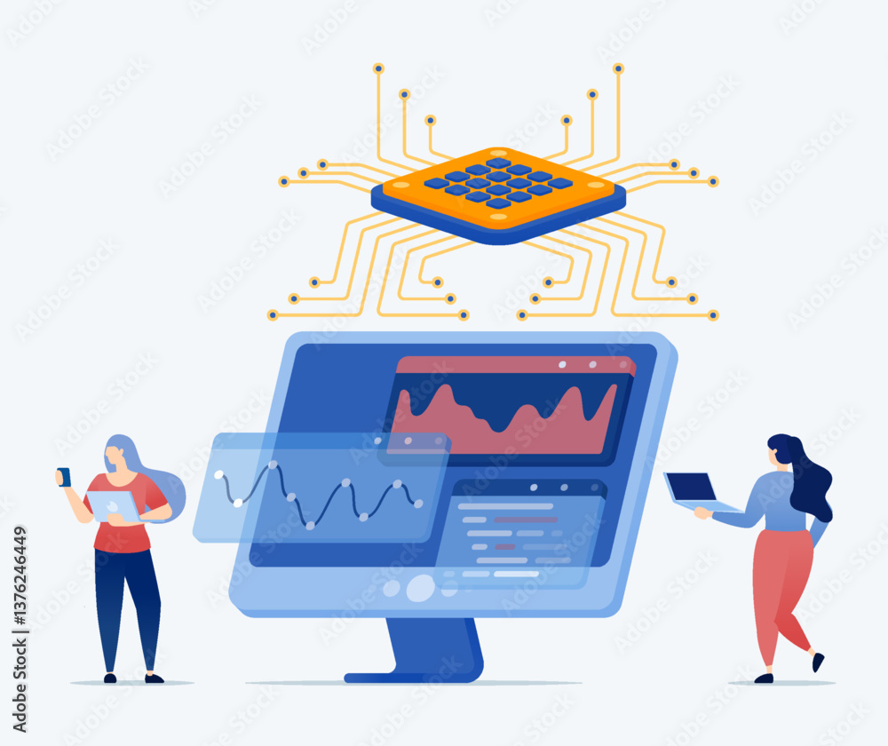 Fototapeta premium Vector illustration of people use chips to process data on monitor screens with the help of AI for analysis and strategy purposes for financial and accounting needs of companies