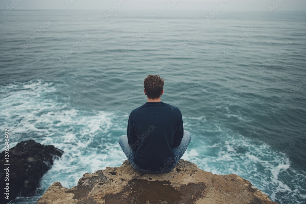 A man sits peacefully on a rocky cliff, overlooking the calm ocean waves at dawn A man sits peacefully on a rocky cliff, overlooking the calm ocean waves at dawn