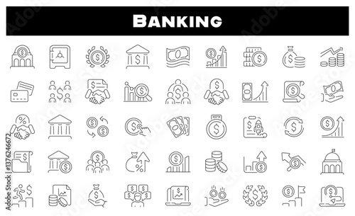 Banking vector icons. Banking icon set. Finance, money, bank, financial, investment, banking related icons. Thin line icons, editable stroke
