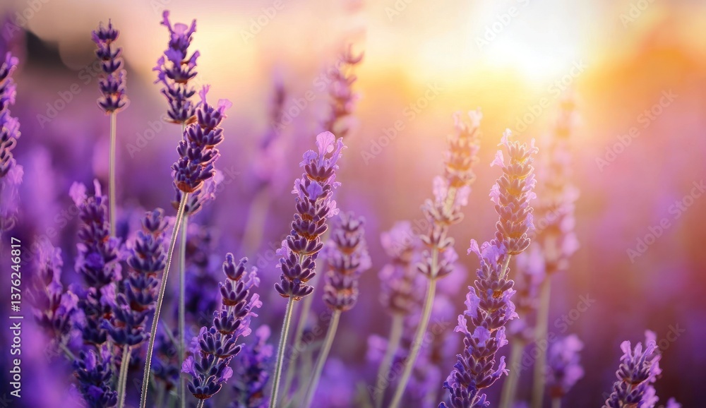 Obraz premium Blooming Lavender Field at Sunrise with Warm Light and Purple Flowers