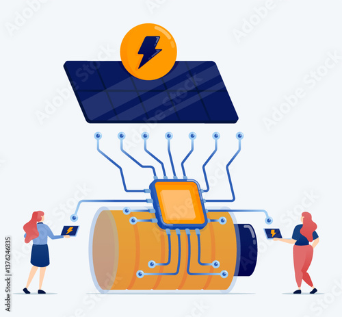 Vector illustration of People access clean energy and efficiency on solar powered batteries using chip technology and artificial intelligence