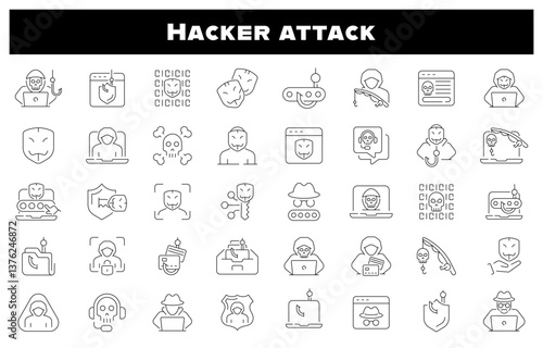Hacker attack icons. Hacker line icon set. Cyber, attack, software, virus, scam, hacker, fraud, hacker attack related icons. Editable stroke, thin line icons set