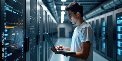 A young Asian man in glasses works intently on a laptop in a modern data center surrounded by server racks and ambient lighting