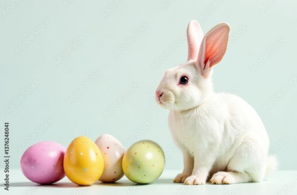 Easter bunny on a monochrome background, looking at the camera. There are beautiful painted Easter eggs next to it. A copy of the space for the text and caption. A greeting card, a wish. Easter bunny on a monochrome background, looking at the camera. There are beautiful painted Easter eggs next to it. A copy of the space for the text and caption. A greeting card, a wish.