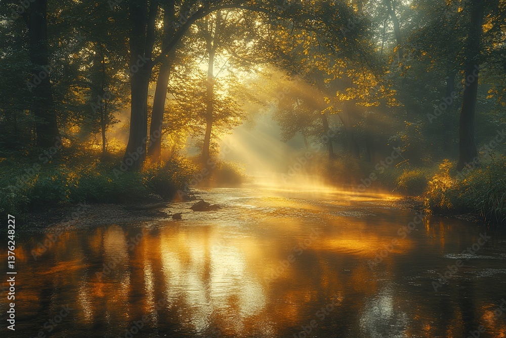 A stunning golden light stream through a forest near the river A stunning golden light stream through a forest near the river