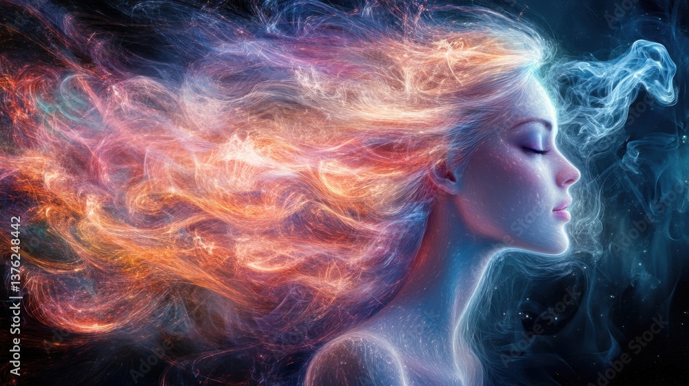 A surreal portrayal of a woman with flowing, colorful hair that blends into swirling smoke, creating a dreamlike and ethereal atmosphere. A surreal portrayal of a woman with flowing, colorful hair that blends into swirling smoke, creating a dreamlike and ethereal atmosphere.