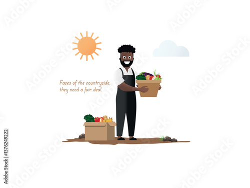 Farmer holding basket with fresh vegetables promoting fair trade and conscious consumption