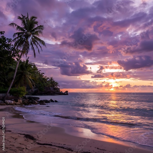 A breathtaking sunset paints the tropical sky in vibrant hues of purple and pink over a tranquil beach scene.