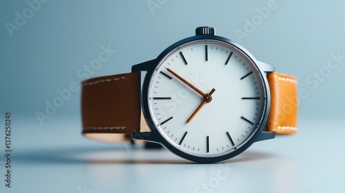 Wallpaper Mural Minimalist wristwatch with tan leather strap on a light blue background. Torontodigital.ca